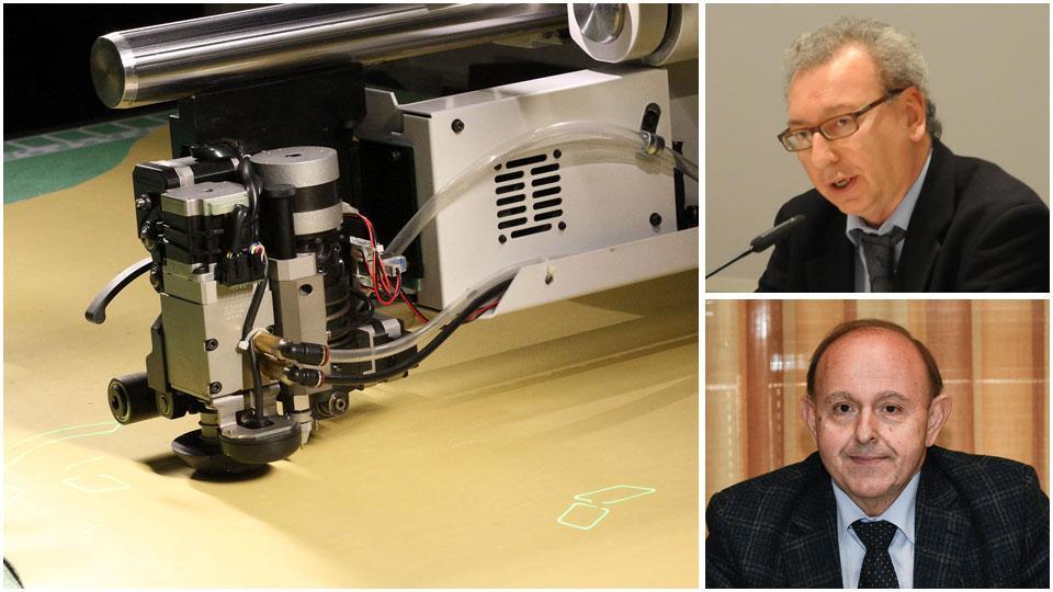 Un macchinario di un calzaturificio, Stephano Tesi (Cna) e Roberto Favilla (Confartigianato)