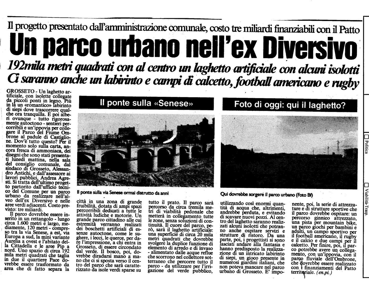 L'articolo del Tirreno del 21 ottobre 1998 che annunciava il progetto del Comune, allora guidato dalla giunta di centrodestra di Alessandro Antichi, di un parco urbano nell'ex Diversivo