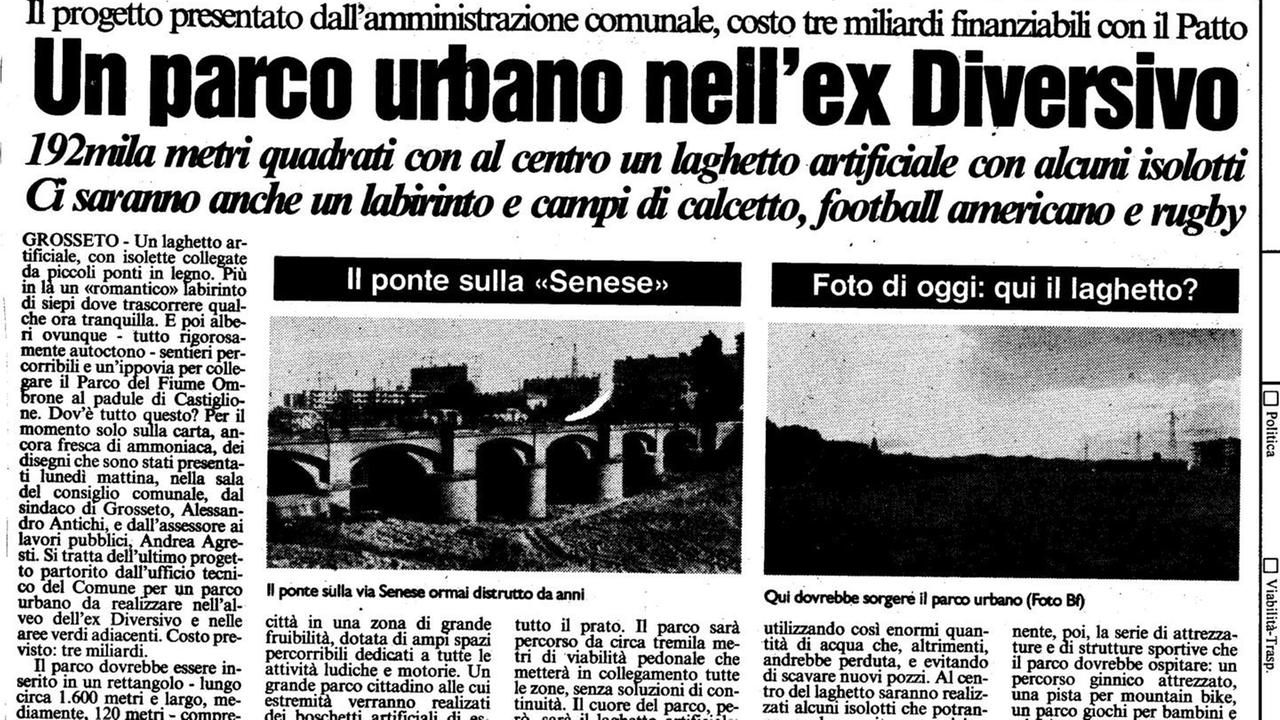 L'articolo del Tirreno del 21 ottobre 1998 che annunciava il progetto del Comune, allora guidato dalla giunta di centrodestra di Alessandro Antichi, di un parco urbano nell'ex Diversivo