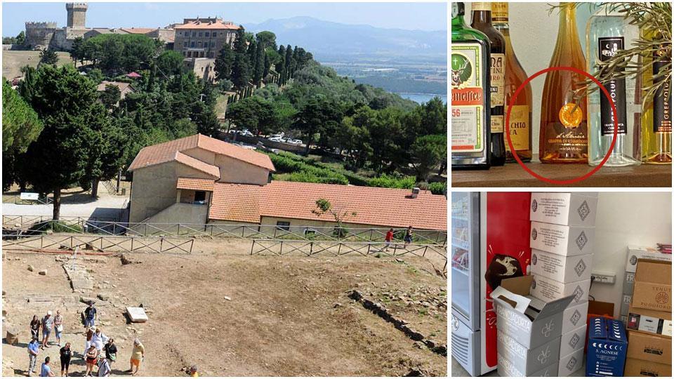 La grappa Cvcg sullo scaffale del bar del museo e le casse di vino Cvcg al museo l’11 agosto