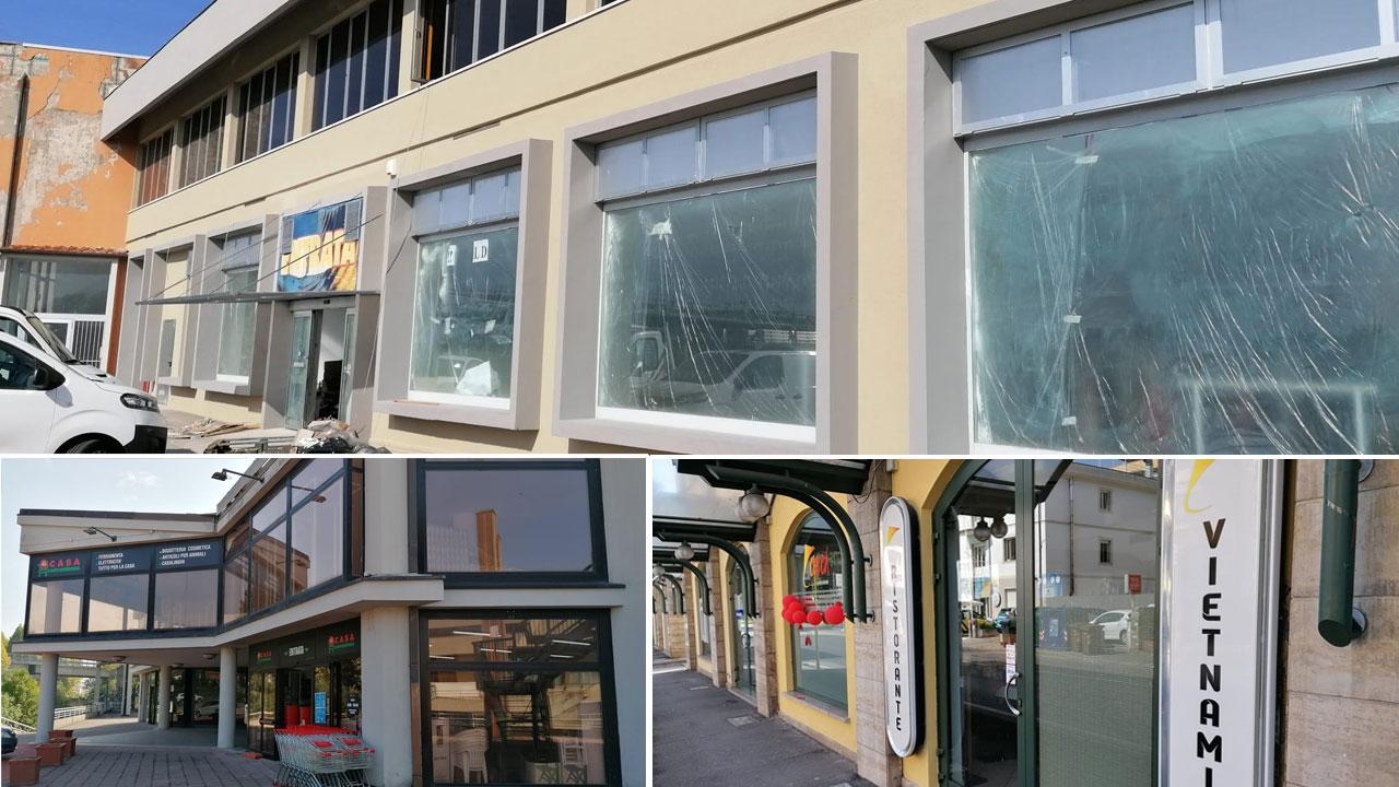 Nella foto in alto lo stabile abbandonato dell’ex Stefan tra Montecatini e Pieve: ospiterà uno store. In basso: a sinistra Casa Convenienza in zona Incom e, accanto, il ristorante vietnamita Chi Cà.