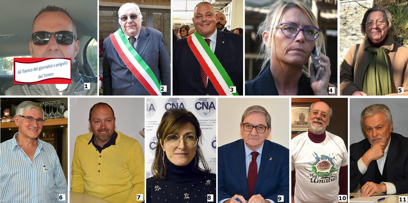 Claudio Renzetti, segretario della Cgil Grosseto (1), Pierandrea Vanni, sindaco di Sorano ed ex giornalista della Nazione (2), Antonfrancesco Vivarelli Colonna, sindaco di Grosseto e presidente della Provincia di Grosseto (3), Elena Nappi, vicesindaca e assessora all'Ambiente di Castiglione della Pescaia (4), Luciana Rocchi, storica (5), Florindo Rosa, ex comandante del noe dei carabinieri (6), Giacomo Gori, Movimento 5 stelle (7), Annarita Bramerini, direttrice di Cna (8), Claudio Pacella, presidente del consiglio comunale di Grosseto (9), Massimo Ceciarini, avvocato, qui con la maglietta "Maremma per Amatrice", iniziativa di raccolta fondi del Tirreno per i terremotati (10), Mauro Carri, direttore dell'Ance (11)