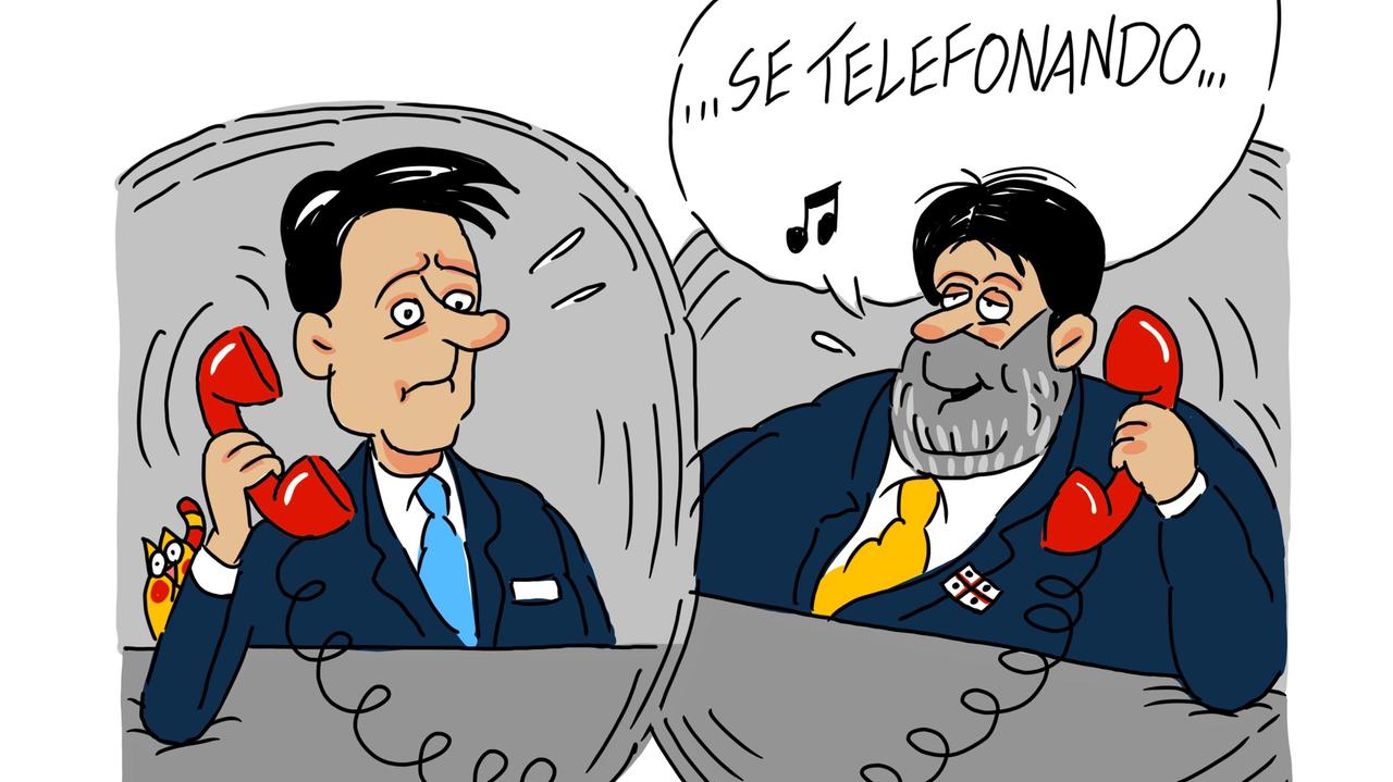 La vignetta di Gef: telefonata tra Solinas e Conte, prima prova di disgelo tra Governo e Regione