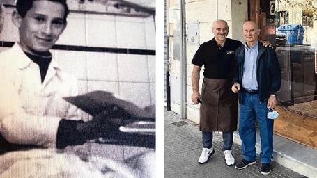 Nella foto a sinistra Norberto Quaglierini anni fa in macelleria, nella foto a destra, da sinistra Federico Quaglierini e babbo Norberto
