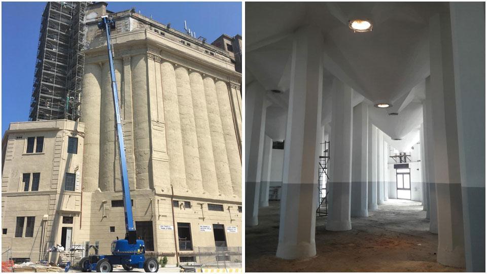 L’ex silos granario: i lavori all’esterno (a sinistra), uno scorcio degli interni (al centro)