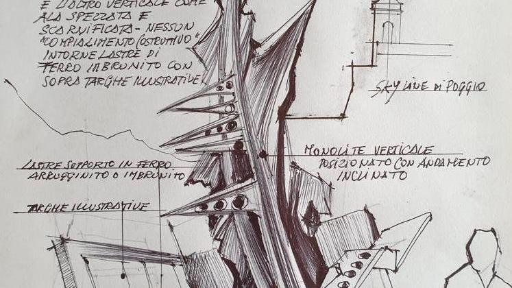 Un monumento di ferro con i resti assemblati del velivolo precipitato