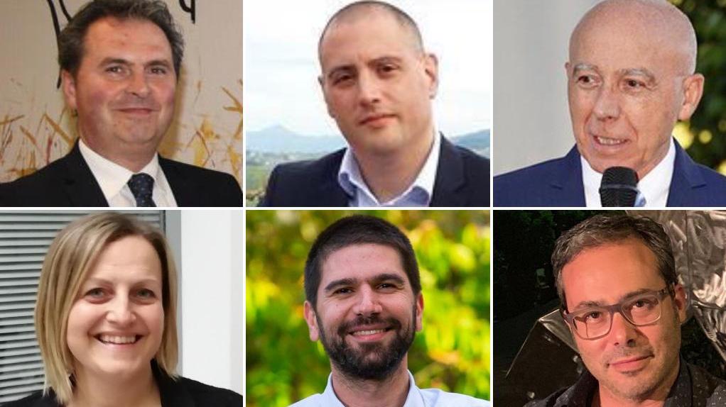 In alto da sinistra in senso orario: Giacomo Tarrini, Mirko Bini, Renzo Macelloni, Alessio Barbafieri, Marco Gherardini e Arianna Cecchini