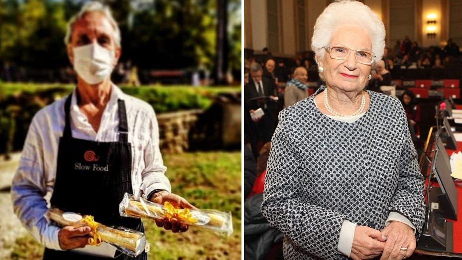 A sinistra le due confezioni dello Sfratto dei Goym donate a Liliana Segre, a destra