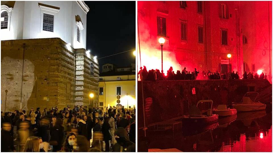 Piazza del Luogo Pio sabato sera, affollata di giovani e sono le 23,30 di sabato e sugli Scali del Refugio va in scena una festa improvvisata, animata da una cinquantina di giovani che saltano, ballano e accendono fumogeni: alla fine zero multe