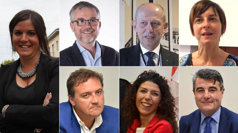 A sinistra Alessandra Nardini, verso la vicepresidenza regionale. Nei riquadri in alto Bezzini, Ciuoffo, Spinelli. Sotto Marras, Monni e Baccelli