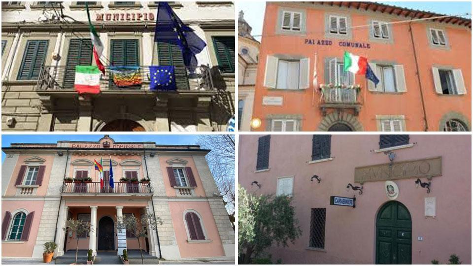 Dall’alto a sinistra in senso orario i palazzi comunali di Pontedera, Buti, Casciana Terme Lari e Calcinaia