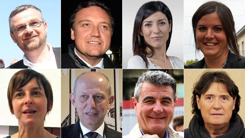 Dall'alto a sinistra Simone Bezzini (Pd), Leonardo Marras (Pd), Monia Monni (Pd), Alessandra Nardini (Pd). Sotto Serena Spinelli (sinistra), Stefano Ciuffo (Pd), Stefano Baccelli (Pd), Stefania Saccardi (Iv)