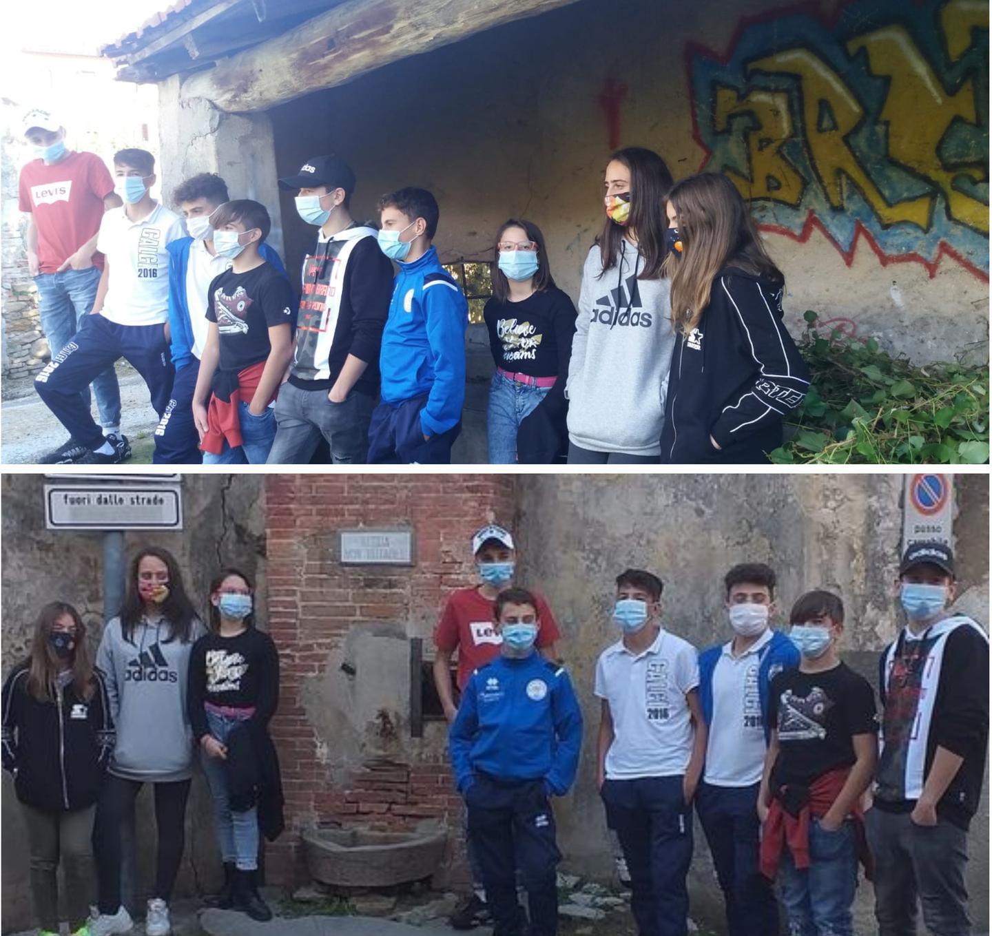 I ragazzi davanti ai vecchi lavatoi (in alto) e alla fontana di Lugnano
