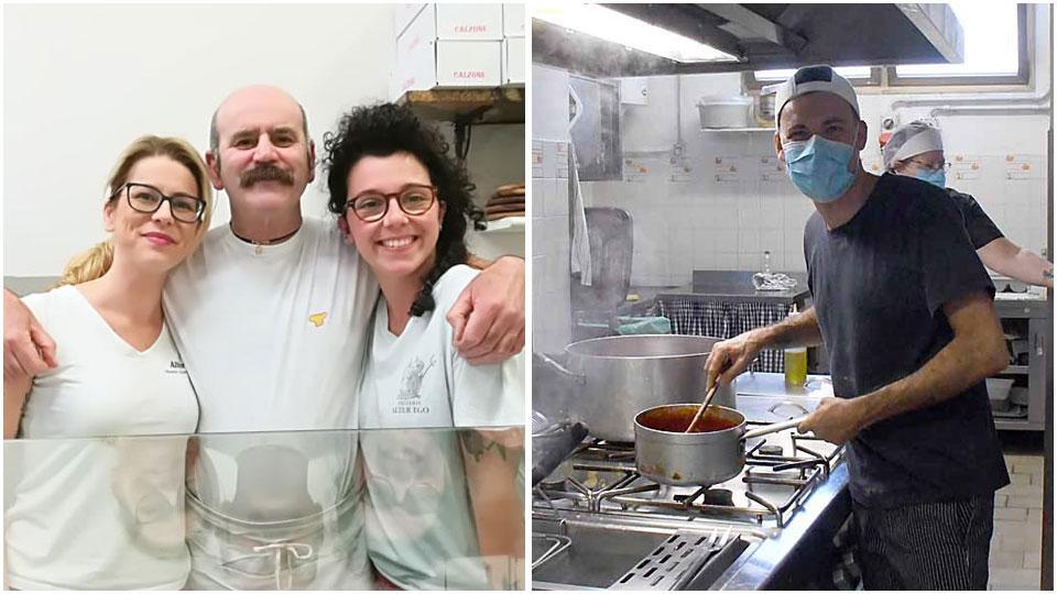 Alessandra Bertolini (la prima da sinistra con Stefano Bertolini e Ilaria Rossi in una foto pre-pandemia) di Alter Ego e Alessandro Bandoni nella cucina del ristorante Le Palme