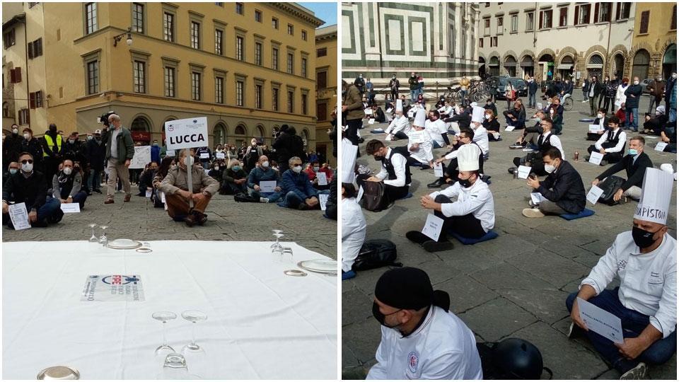 Dpcm, tovaglie a terra in piazza Duomo: la protesta dei ristoratori a Firenze. C'è anche Giani - Video