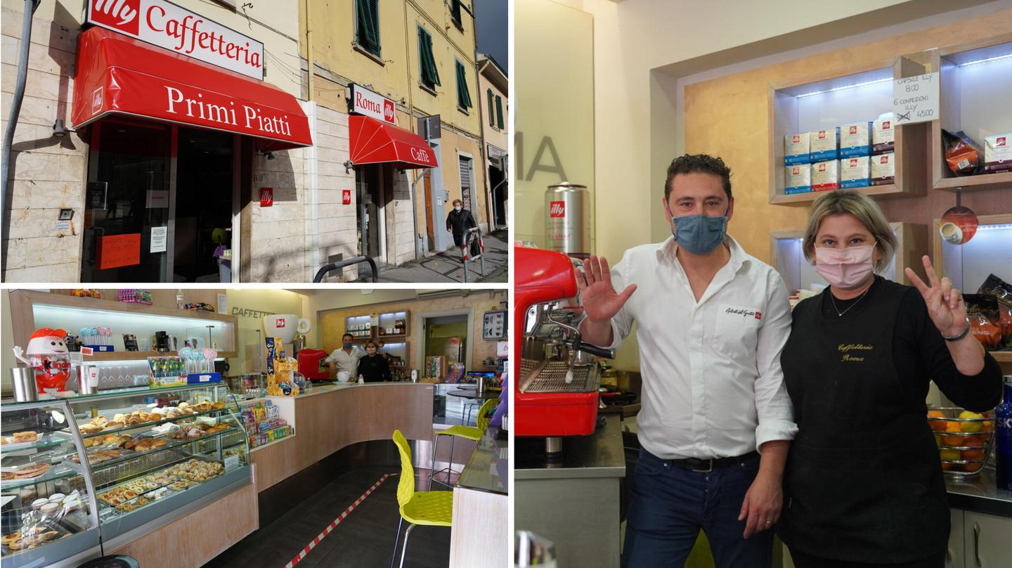 Esterno e interno del bar e Linda Betti insieme al marito Massimiliano Scacciati  (foto franco silvi)