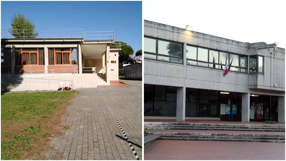 La scuola primaria Eugenio Chiesa ad Avenza e a sinistra la scuola media Don Milani a Marina di Massa