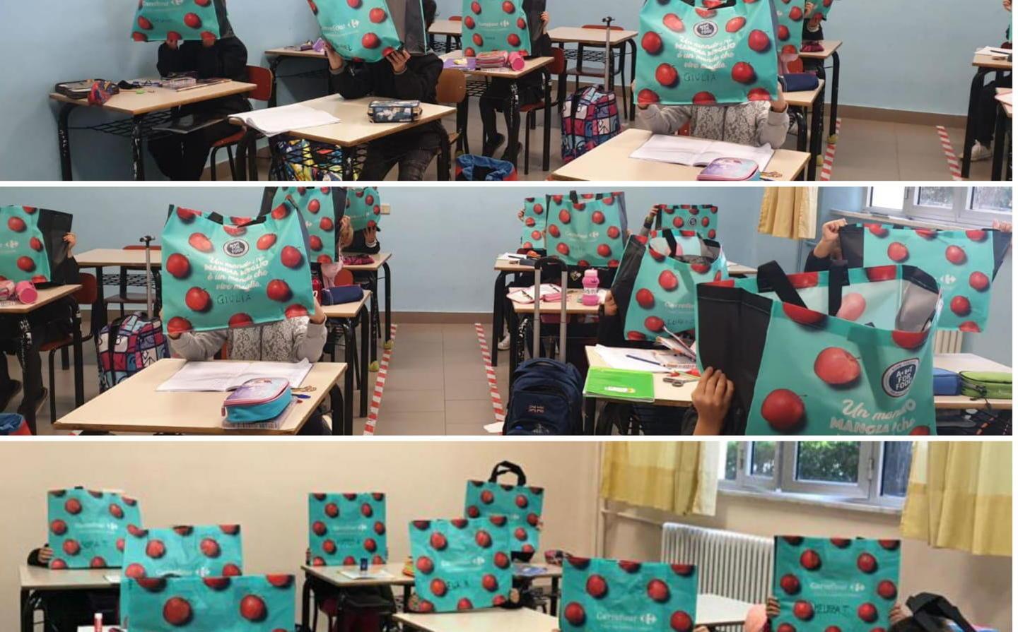 Carrefour regale le sacche, i bambini ringraziano 