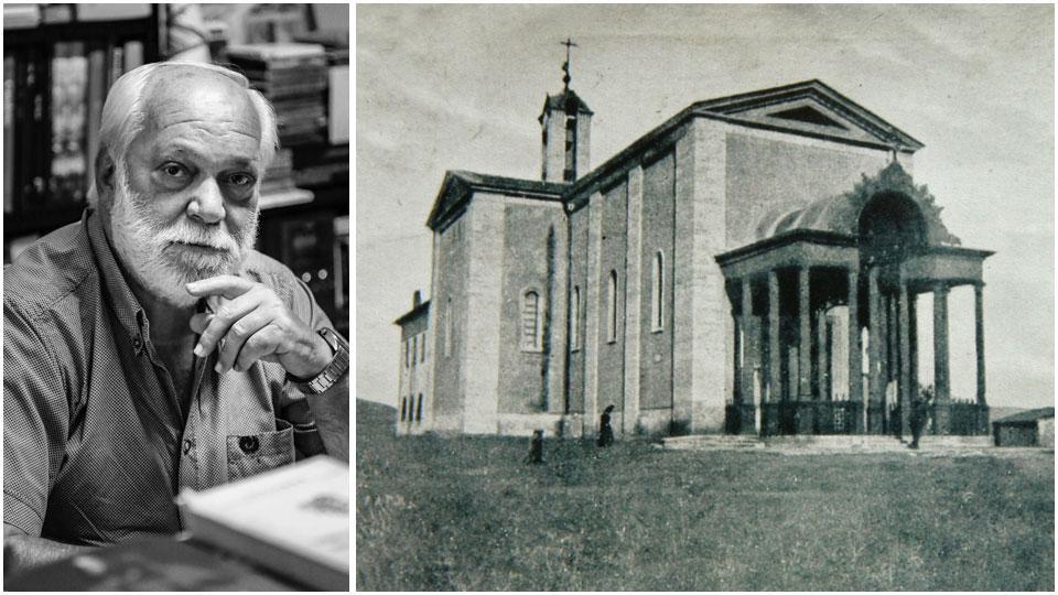 Silvano Polvani e una foto d’epoca della Chiesa della Ghisa, uno dei simboli di Follonica