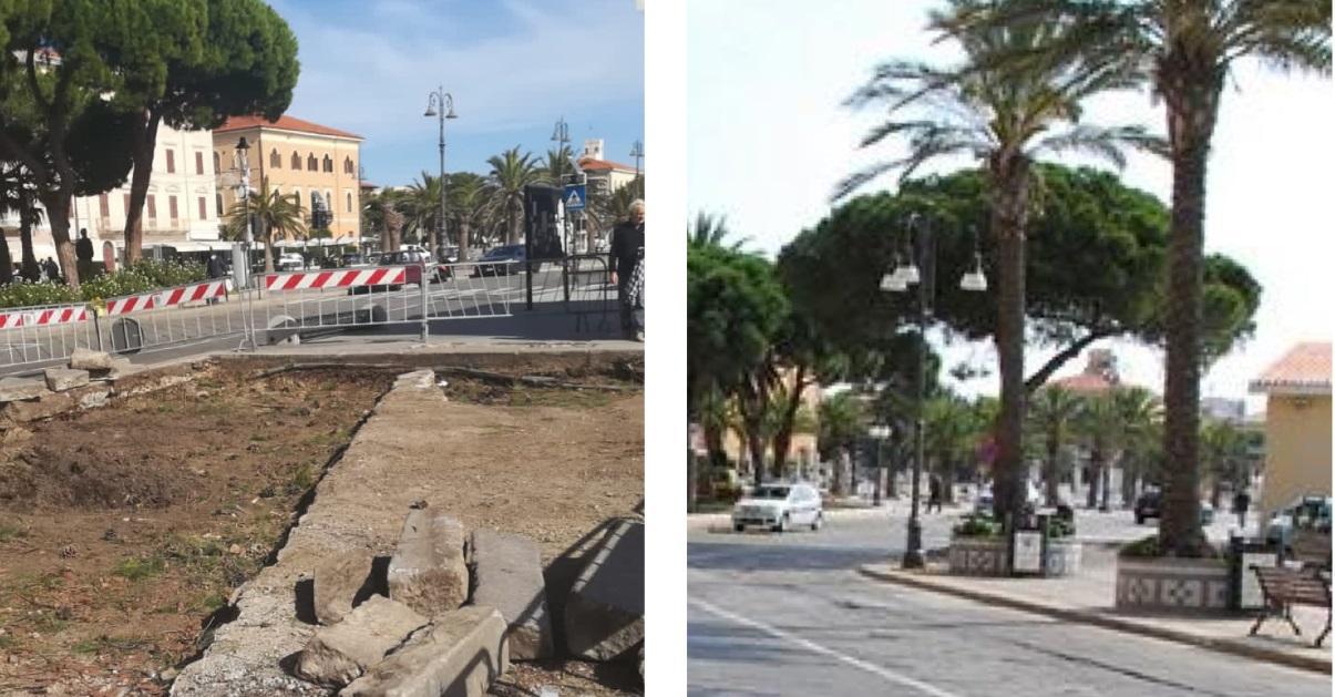 A sinistra l'area dopo l'abbattimento, a destra il pino secolare