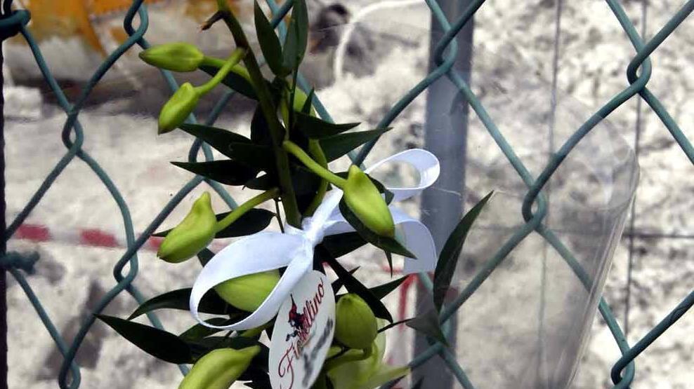 I fiori appesi al cancello della segheria sequestrata