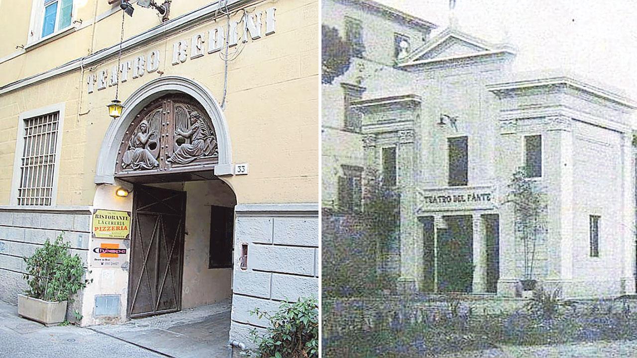 Nella foto da sinistra l'esterno del Teatro Redini e a destra il Teatro del Fante