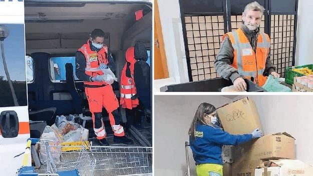 A sinistra un volontario della Pubblica Assistenza di Cecina durante un servizio di consegna spesa a domicilio, in alto un volontario dell'Auser e in basso una volontaria della Misericordia di Palazzi con le coperte destinate ai bisognosi