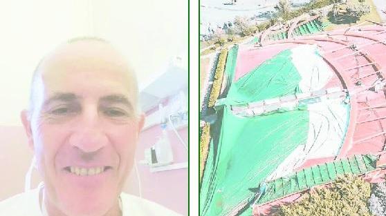 A sinstra Enrico Rustichelli nel centro di riabilitazione di Volterra, a destra il tendone dei Canottieri distrutto dal tornado