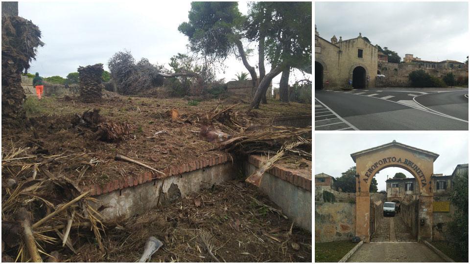 Nella foto grande, l’area verde all’interno dell’ex aeroporto Brunetta: uno scorcio dove sono già state tagliate le piante ormai secche ed è stata eliminata la vegetazione che negli anni era cresciuta a dismisura. In alto a destra, le porte di ingresso a Orbetello sopra alle quali ci sono le stanze che saranno ristrutturate; sotto, l’ingresso dell’ex aeroporto Brunetta e in fondo il camioncino per i lavori di ripulitura