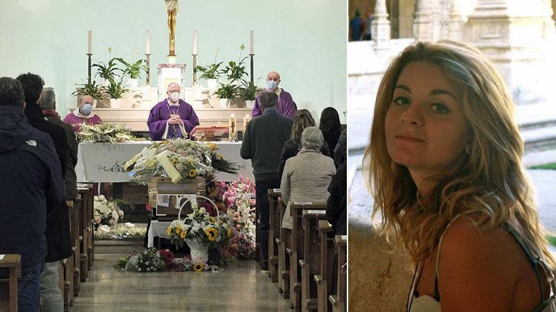 Un momento dei funerali e, a destra, Claudia Ferrannini (Foto Renzullo/Muzzi)