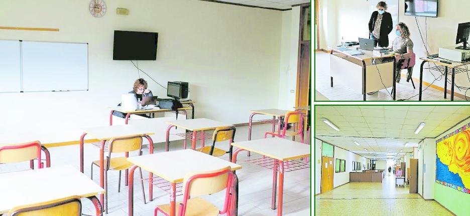 Nella foto grande un docente fa lezione. Nell’immagine in alto un professore e la preside. In basso a destra uno dei corridoi del liceo Fermi  di via Ambrogi (fotoservizio Michele Falorni/Silvi)