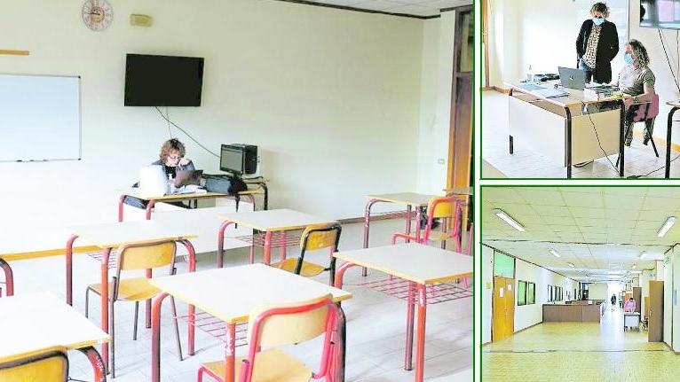 Nella foto grande un docente fa lezione. Nell’immagine in alto un professore e la preside. In basso a destra uno dei corridoi del liceo Fermi di via Ambrogi (fotoservizio Michele Falorni/Silvi)