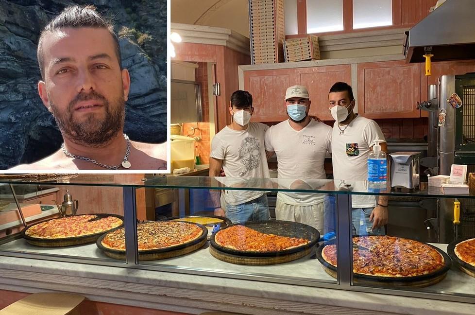 Lo staff della pizzeria di Volterra e, nel riquadro, Mirko Dipaolantonio