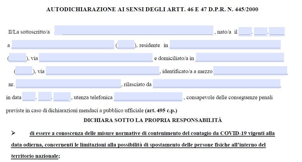 Autocertificazione, il link per scaricare il modulo necessario per spostamenti dalle 22 alle 5