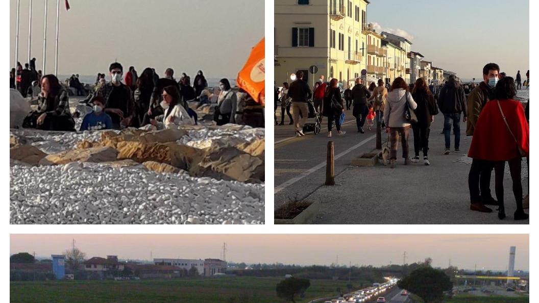 Due immagini di Marina piena di gente domenica 8 novembre