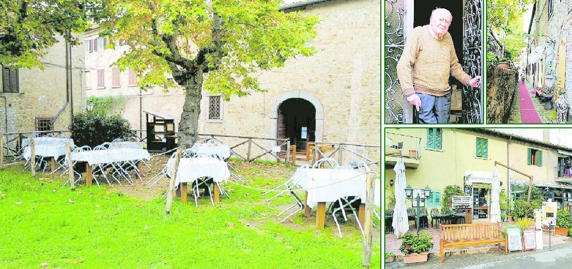 In alto il commerciante storico Nilo Boni. A fianco una viuzza tipica del borgo e sotto il Caffè della Posta che resta aperto fino alle 14,30 come edicola e tabaccheria  (Fotoservizio Michele Falorni/Silvi)