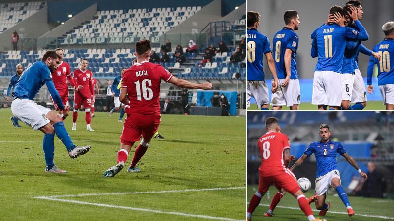 Il sinistro di Domenico Berardi che ha finalizzato così l’azione dei ventisette passaggi. In alto a destra la festa all’attaccante del Sassuolo e sotto un’iniziativa di Emerson Palmieri