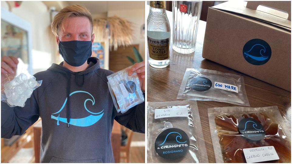 Francesco Inghilleri con ghiaccio e alcolici che porta a domicilio per la preparazione dei cocktail e i liquori imbustati pronti per la consegna
