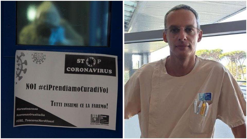 A sinistra un cartello all’ingresso di un reparto del Versilia; a destra Ettore Melai, primario di Anestesia e rianimazione dell’ospedale di Lido