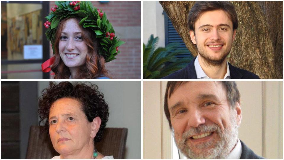 Sopra i due neolaureati premiati: Martina Lenzuni e Francesco Mafii. Sotto a sinistra: la presidente del Pin Daniela Toccafondi; a destra: il rettore dell’Università di Firenze, Luigi Dei