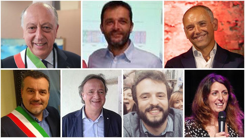 In alto da sinistra in senso orario, i sindaci Alessandro Tambellini, David Saisi, Luca Menesini, Leonardo Fornaciari, Andrea Tagliasacchi, Patrizio Andreuccetti, Caterina Campani