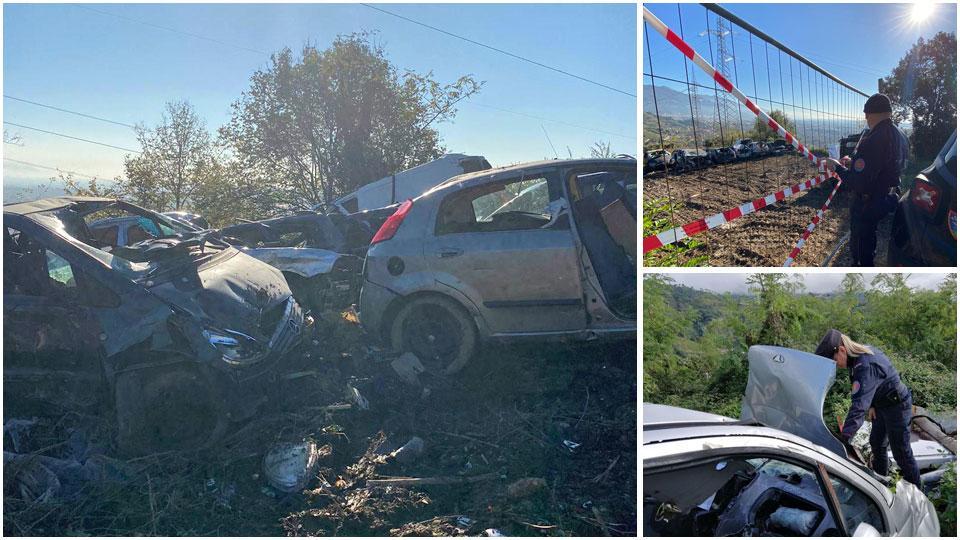 Tre immagini del deposito abusivo, i militari dei Carabinieri della Forestale durante l’ispezione e alcune delle vetture abbandonate sulle colline del Candia