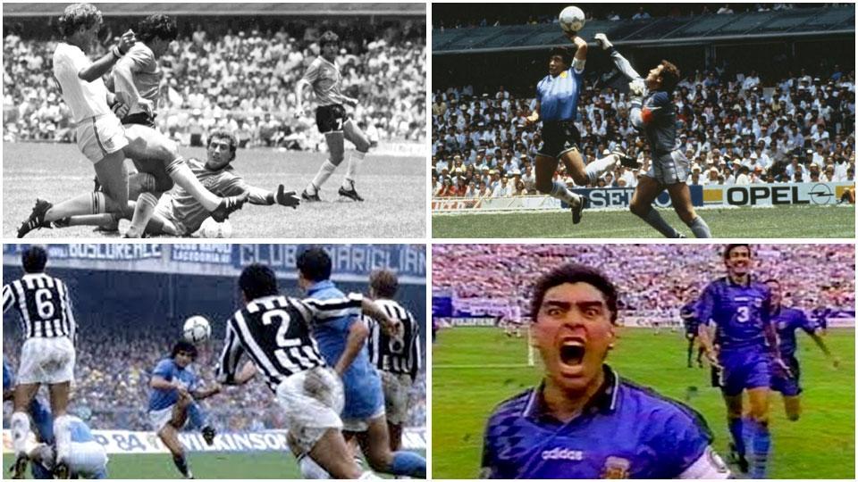 Diego Maradona salta anche Peter Shilton: è il gol del secolo del Mondiali 1986, la mano de Dios: solo i difensori inglesi se ne accorsero... , l’incredibile calcio di punizione contro la Juventus del novembre 1985 e l’urlo selvaggio alla telecamera nel match dei Mondiali 1994 tra Argentina e Nigeria