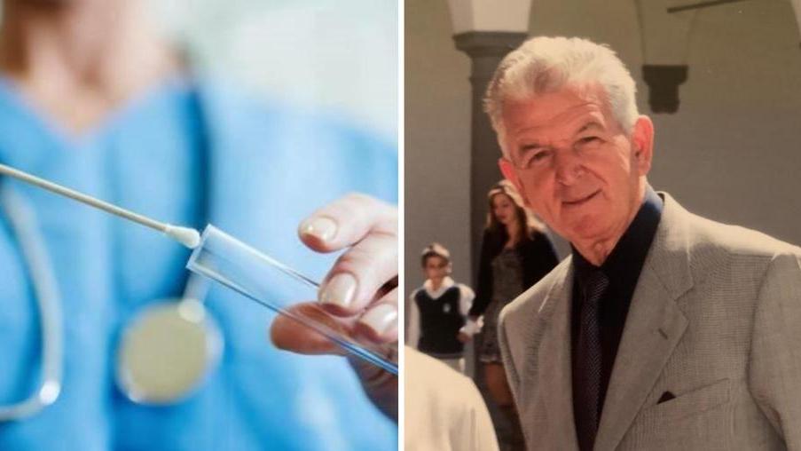 Un tampone per l’accertamento della positività al Covid e a, destra, Bruno Vincenti, deceduto all’ospedale di Empoli