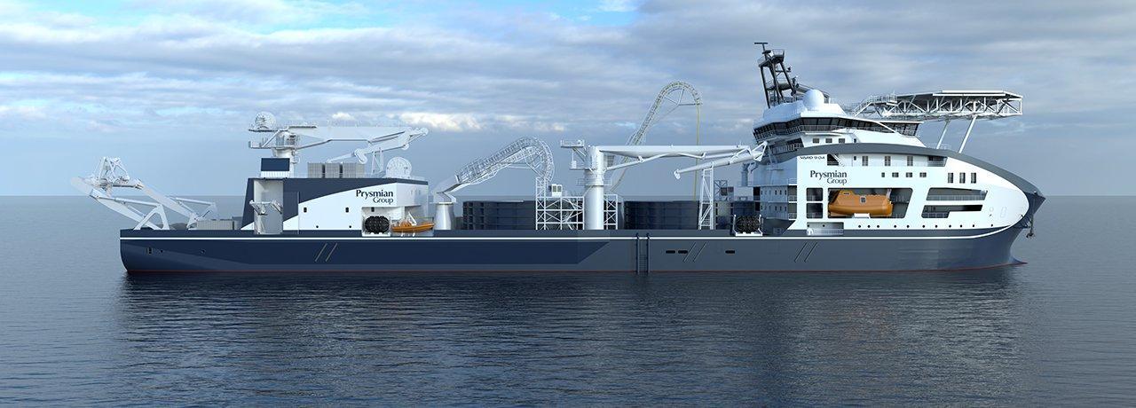 Rendering della nave che dovrebbe posare nei prossimi anni il cavo dalla Sardegna alla Sicilia e poi alla Campania