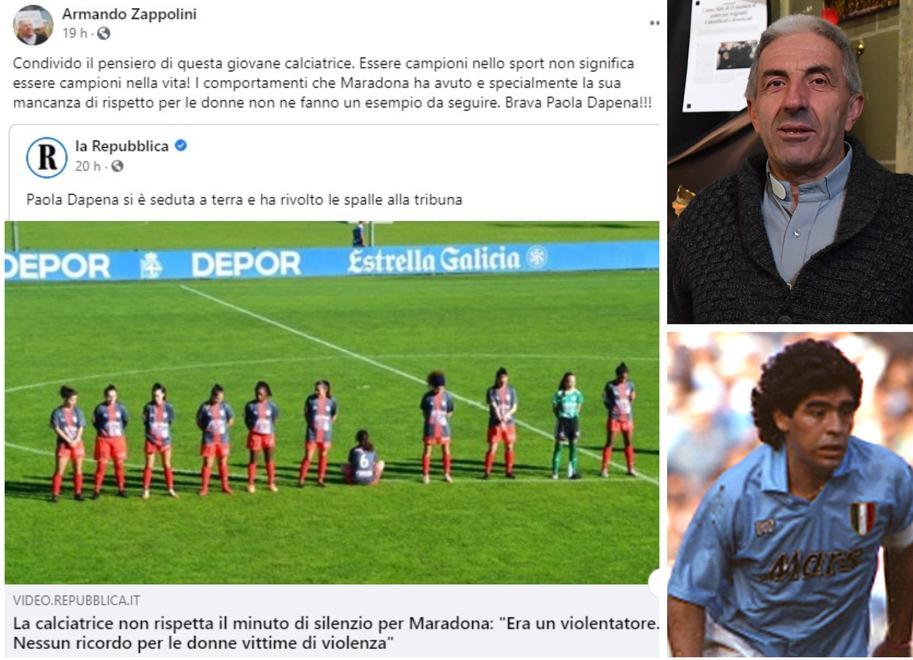 Il post condiviso su Facebook da don Armando Zappolini, a destra il parroco di Ponsacco e Diego Armando Maradona