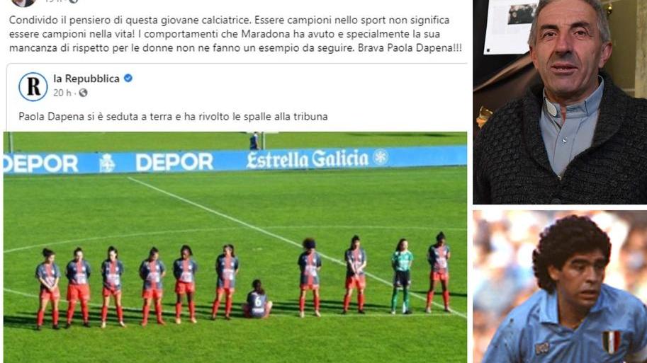 Il post condiviso su Facebook da don Armando Zappolini, a destra il parroco di Ponsacco e Diego Armando Maradona