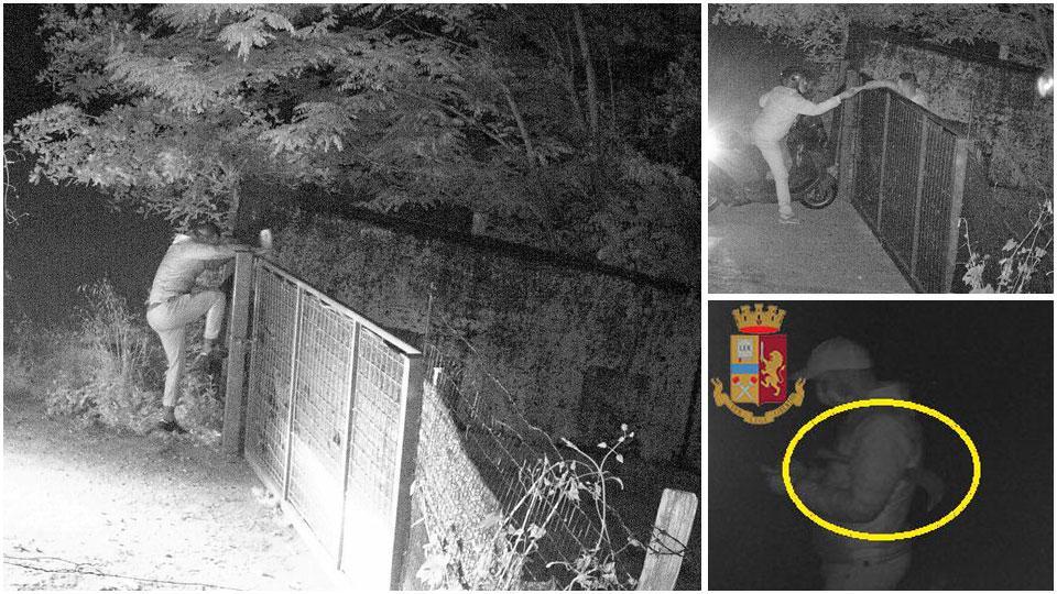 Nella foto grande uno degli spacciatori che arriva al cancello dell’area agricola di proprietà privata e lo scavalca per entrare all’interno ed iniziare l’attività di spaccio che prosegue per tutta la notte. In alto a destra uno dei clienti che arriva con un ciclomotore e dal cancello chiuso riceve lo stupefacente richiesto e nella foto in basso cerchiata la roncola utilizzata da uno dei malviventi per minacciare i clienti
