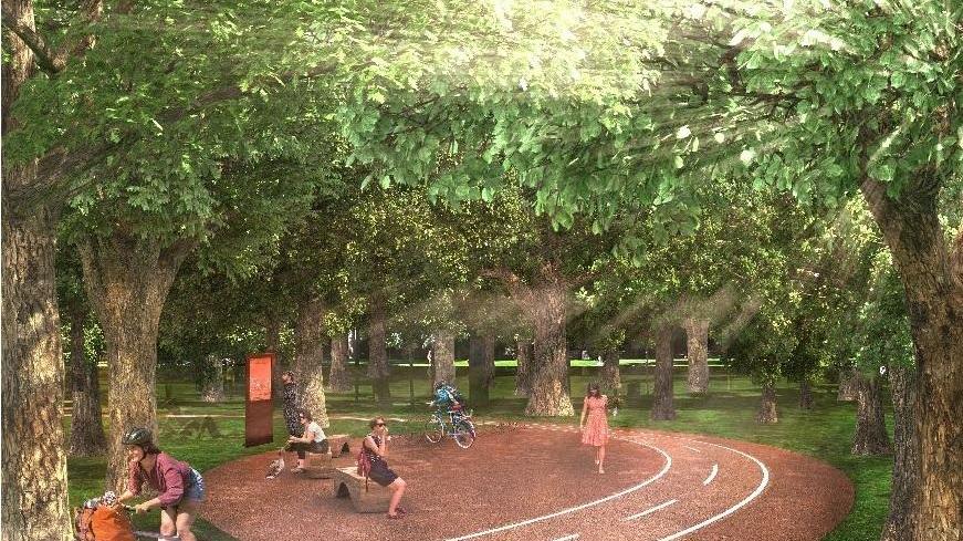 Uuna simulazione grafica di come sarà il parco urbano di Cisanello, caratterizzato da una pista ciclabile collegata con quella di via Bargagna oltre che da una forestazione di 500 nuove alberature, più la messa a dimora di 750 arbusti