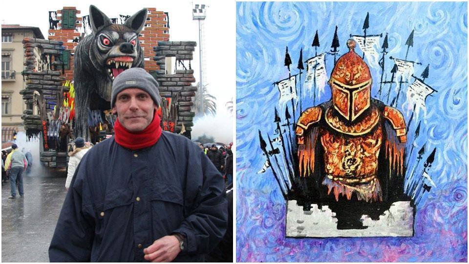 Franco Malfatti sfila davanti ad un suo carro al Carnevale di Viareggio. A destra il bozzetto de «L’Orlando furioso», il carro pensato per il Carnevale 2021